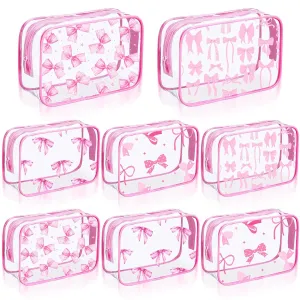 Kacctyen 8 Pcs Coquette Bow Makeup Bags Pink Bow Clear Cosmetic Bags Pink Preppy Waterproof Travel Toiletry Pouch for Women Girls Coquette Birthday Party Gifts Travel Storage Accessories