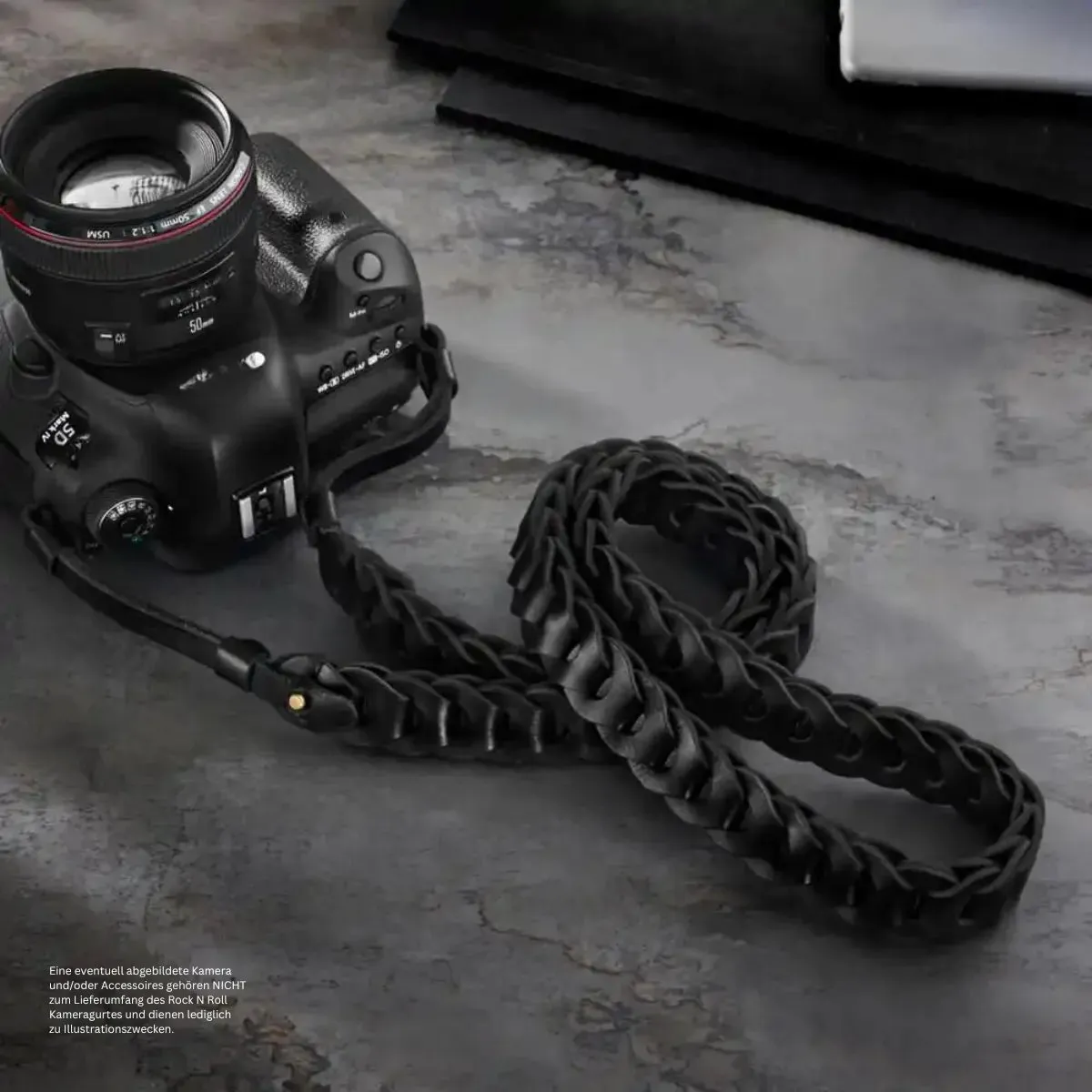 Kamera Tragegurt für DSLR und Systemkameras | Leder Schwarz | Rock n Roll | Gr.S