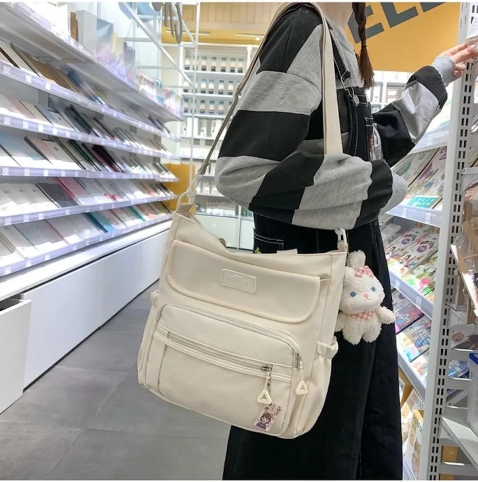 Kawaii Crossbody Bag with Plushies Preppy Crossbody Bag Solid Vanilla Aesthetic Messenger Bag Shoulder Tote Bag