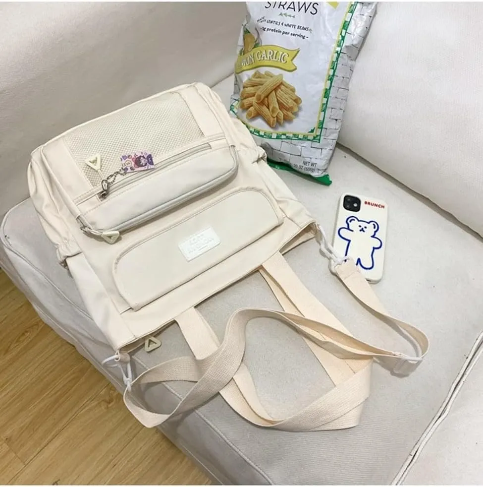 Kawaii Crossbody Bag with Plushies Preppy Crossbody Bag Solid Vanilla Aesthetic Messenger Bag Shoulder Tote Bag