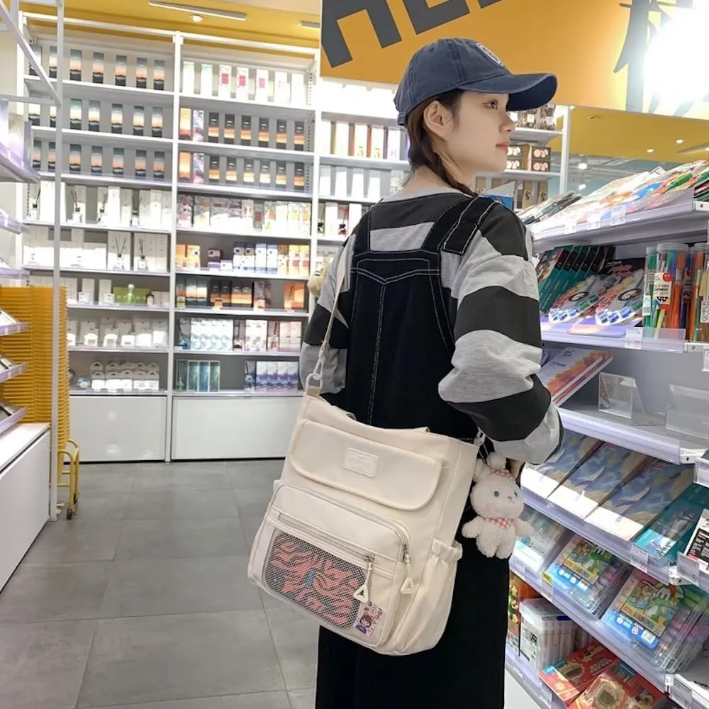 Kawaii Crossbody Bag with Plushies Preppy Crossbody Bag Solid Vanilla Aesthetic Messenger Bag Shoulder Tote Bag