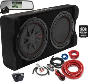 KICKER Enclosure and Amp kit Package of 3 Items - 12" PTRTP 1000 Watt Down-Firing Powered Loaded Sub Enclosure, Rear View Mirror with Backup Camera, and Complete 8AWG Wiring Kit