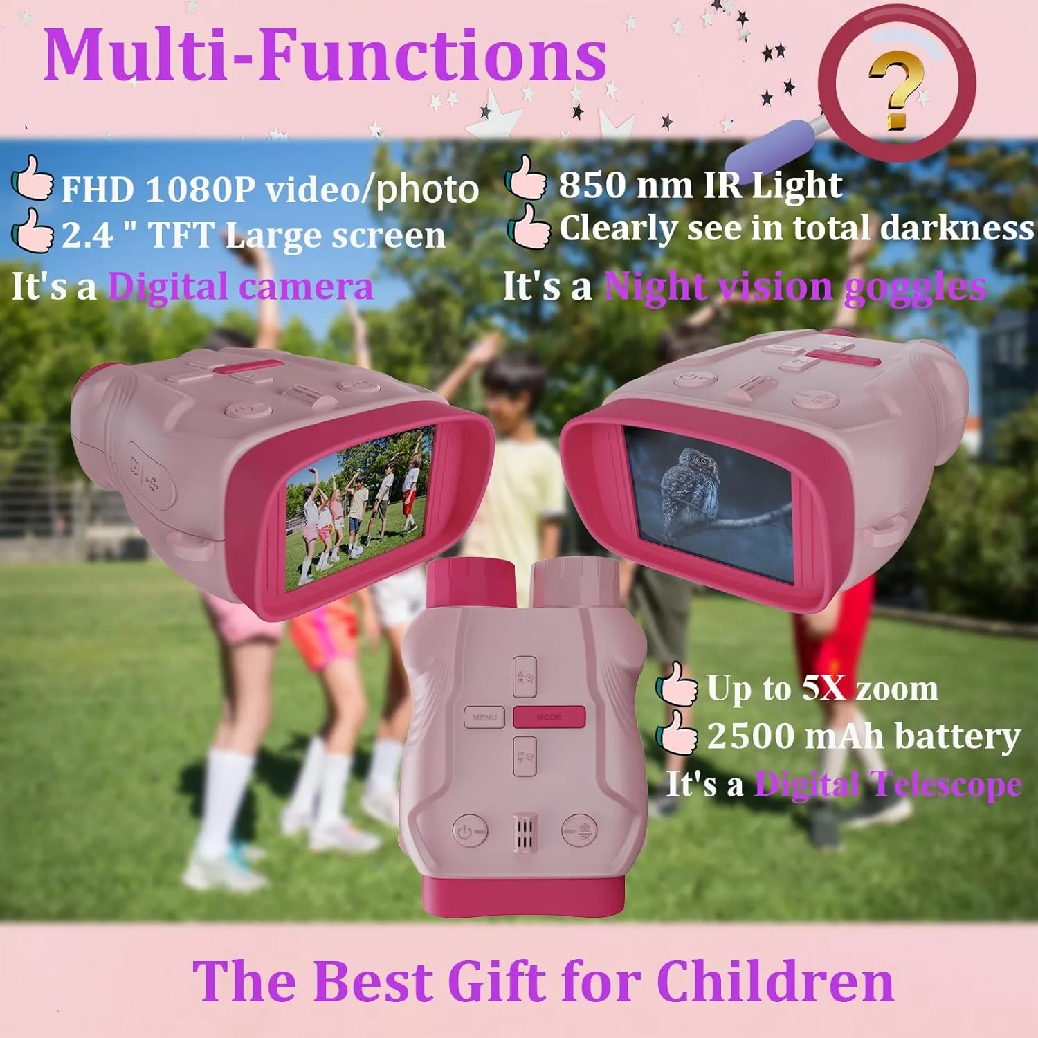 Kids Camera & Night Vision Goggles for Kids Boys and Girls, Christmas Birthday Gifts, Night Vision Binoculars with 32GB Memory Card(Pink)