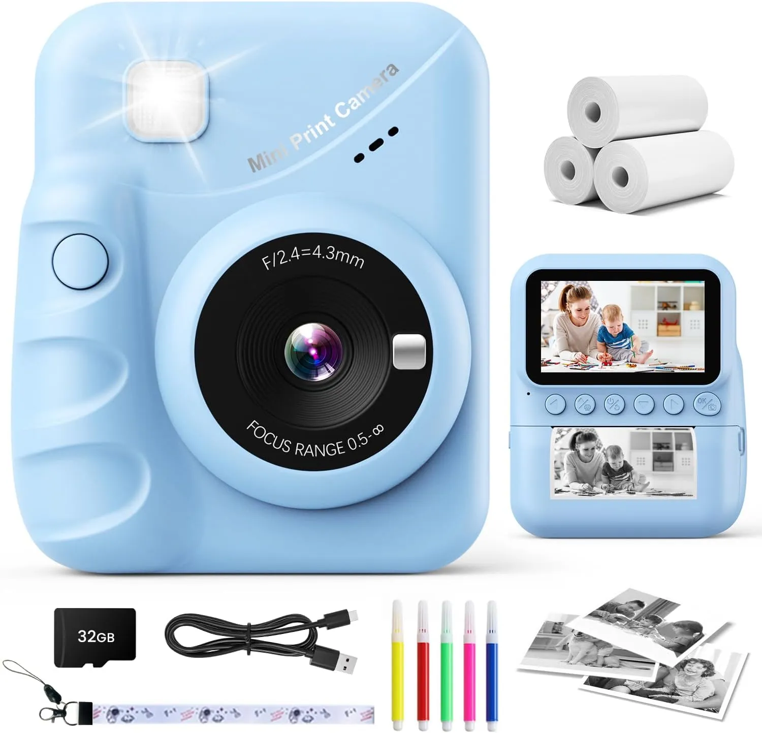 Kids Instant Print Camera, 3.0'' Screen, 48MP Photo, 1080P HD, Gift for 3-12 Year Old Girls & Boys (Blue) with 32GB Card
