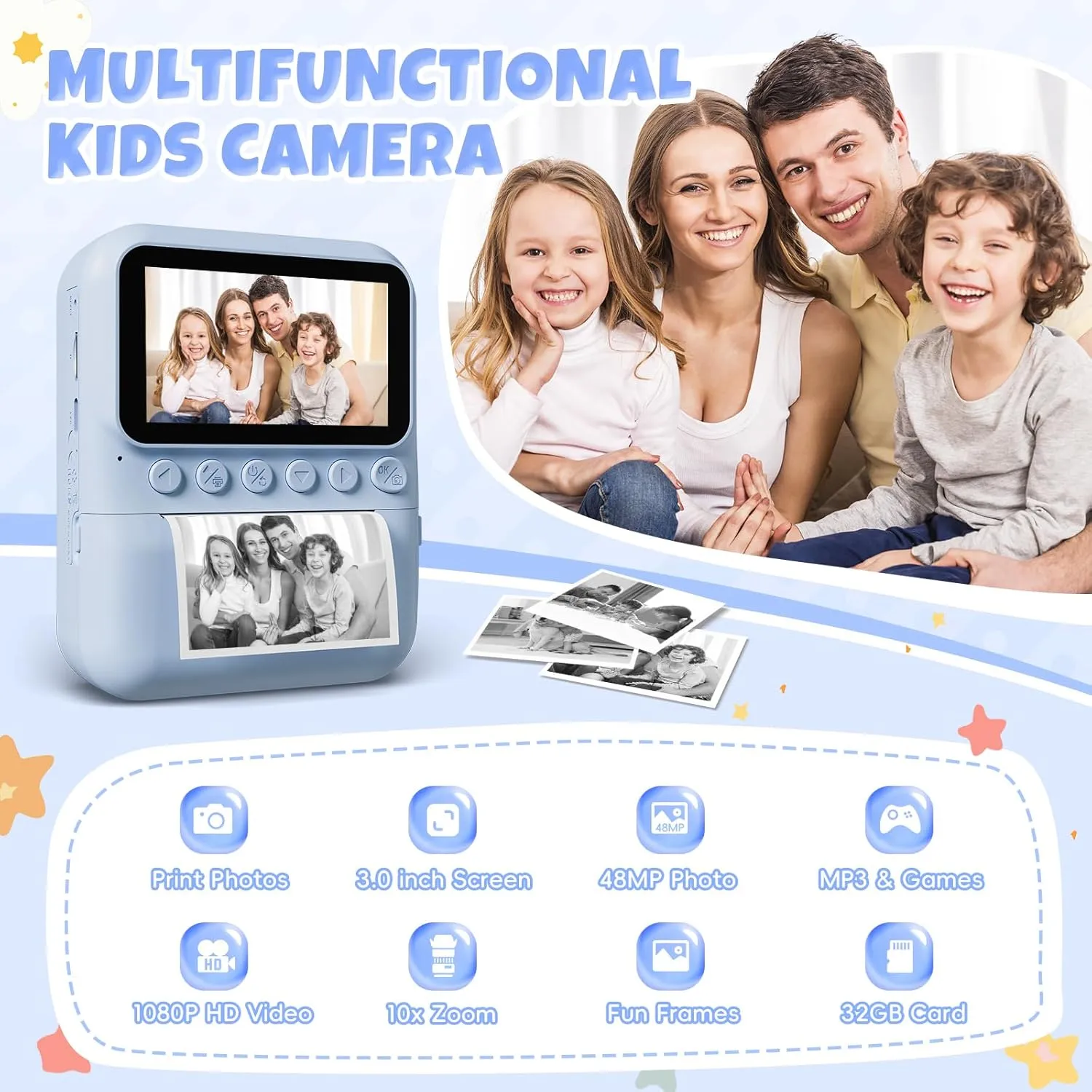 Kids Instant Print Camera, 3.0'' Screen, 48MP Photo, 1080P HD, Gift for 3-12 Year Old Girls & Boys (Blue) with 32GB Card