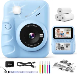 Kids Instant Print Camera, 3.0'' Screen, 48MP Photo, 1080P HD, Gift for 3-12 Year Old Girls & Boys (Blue) with 32GB Card