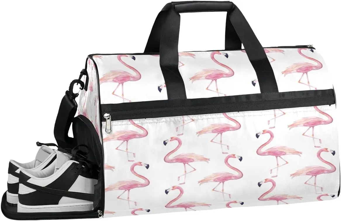 Kids Overnighter Duffel Bags for Boys Girls, Pink Flamingo Carry-On Size Sports Gym Bag with Shoe Compartments for School Practice or Overnight Travel Weekender Sleepover Tote Bag