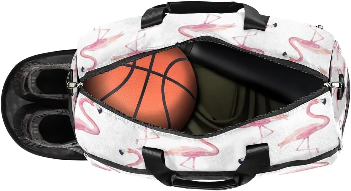 Kids Overnighter Duffel Bags for Boys Girls, Pink Flamingo Carry-On Size Sports Gym Bag with Shoe Compartments for School Practice or Overnight Travel Weekender Sleepover Tote Bag