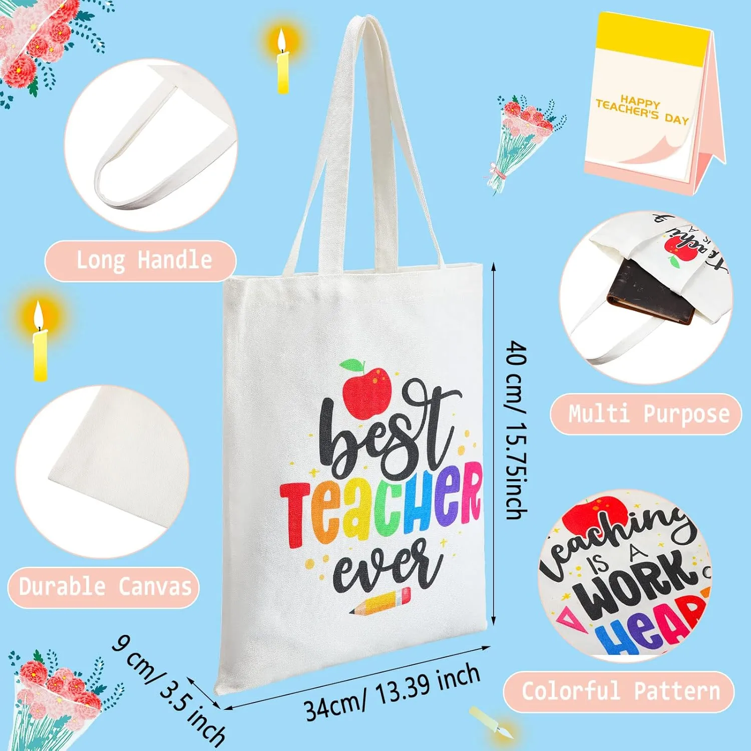 Kigeli 4 Pcs Teacher Canvas Tote Bags Bulk, Teacher Appreciation Gifts Reusable Bag for Women Teachers