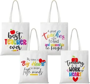 Kigeli 4 Pcs Teacher Canvas Tote Bags Bulk, Teacher Appreciation Gifts Reusable Bag for Women Teachers