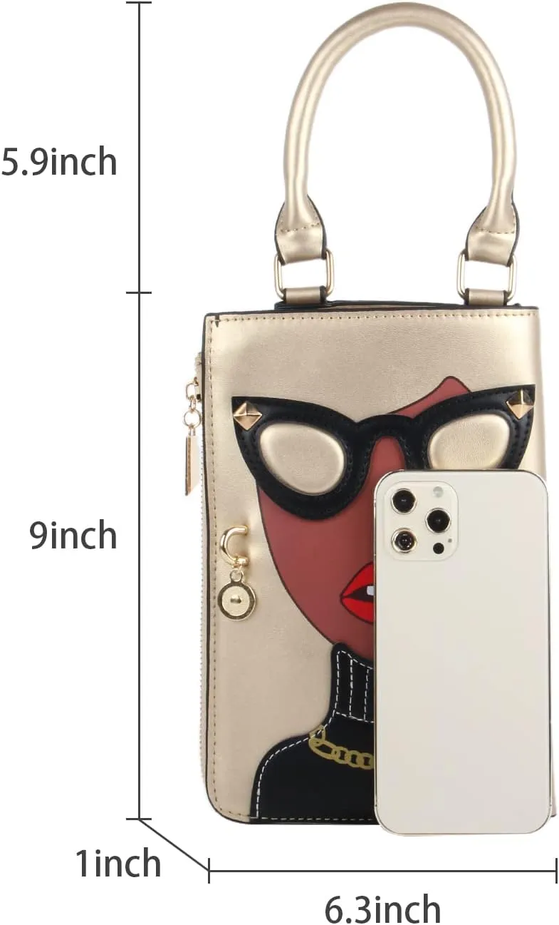 KUANG! Women Novelty Lady Face Shoulder Bags Funky PU Leather Top Handle Satchel Handbags Clutch Purse for Women