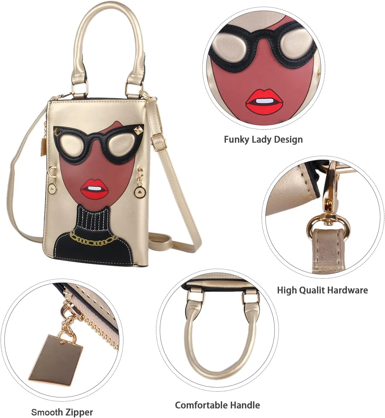 KUANG! Women Novelty Lady Face Shoulder Bags Funky PU Leather Top Handle Satchel Handbags Clutch Purse for Women