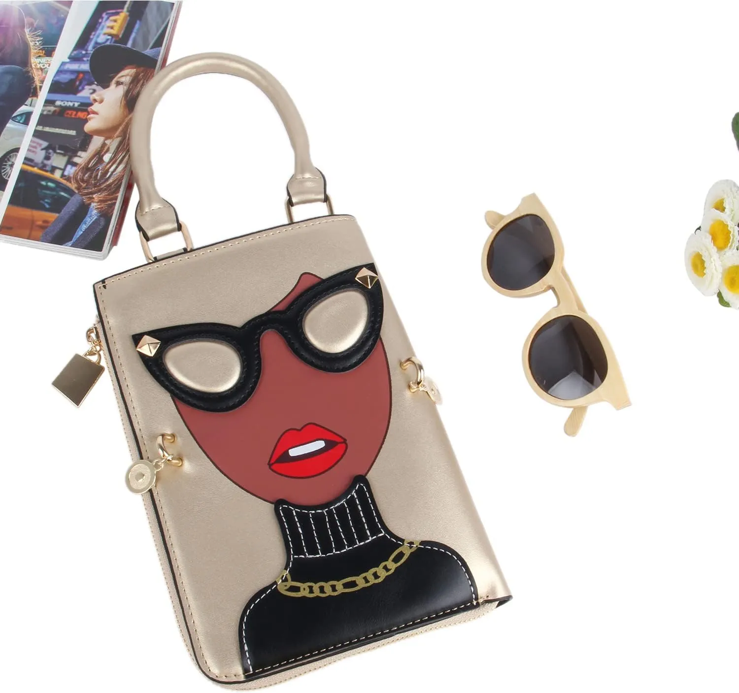 KUANG! Women Novelty Lady Face Shoulder Bags Funky PU Leather Top Handle Satchel Handbags Clutch Purse for Women