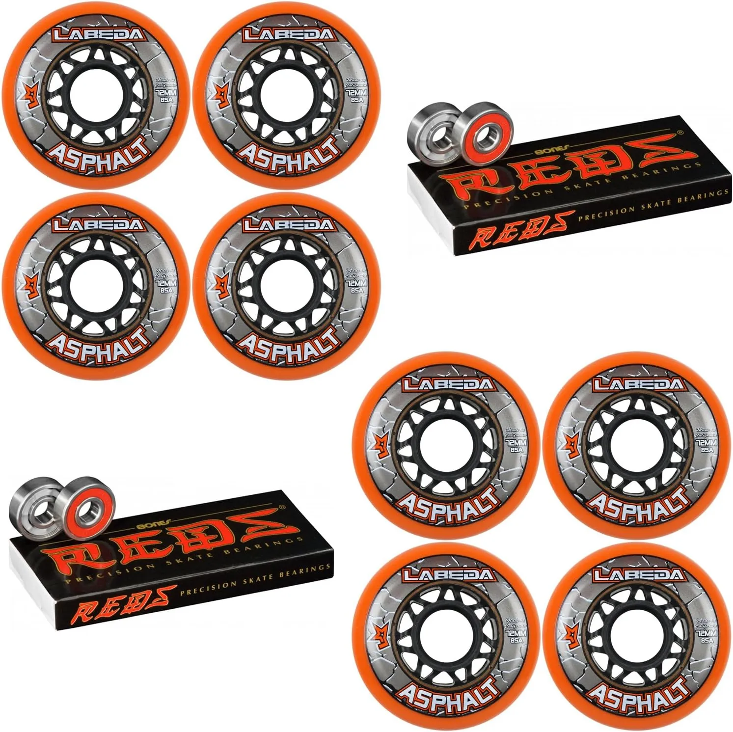 Labeda Asphalt Inline Roller Hockey Wheels 72mm Orange 85A 8-Pack Bones Reds