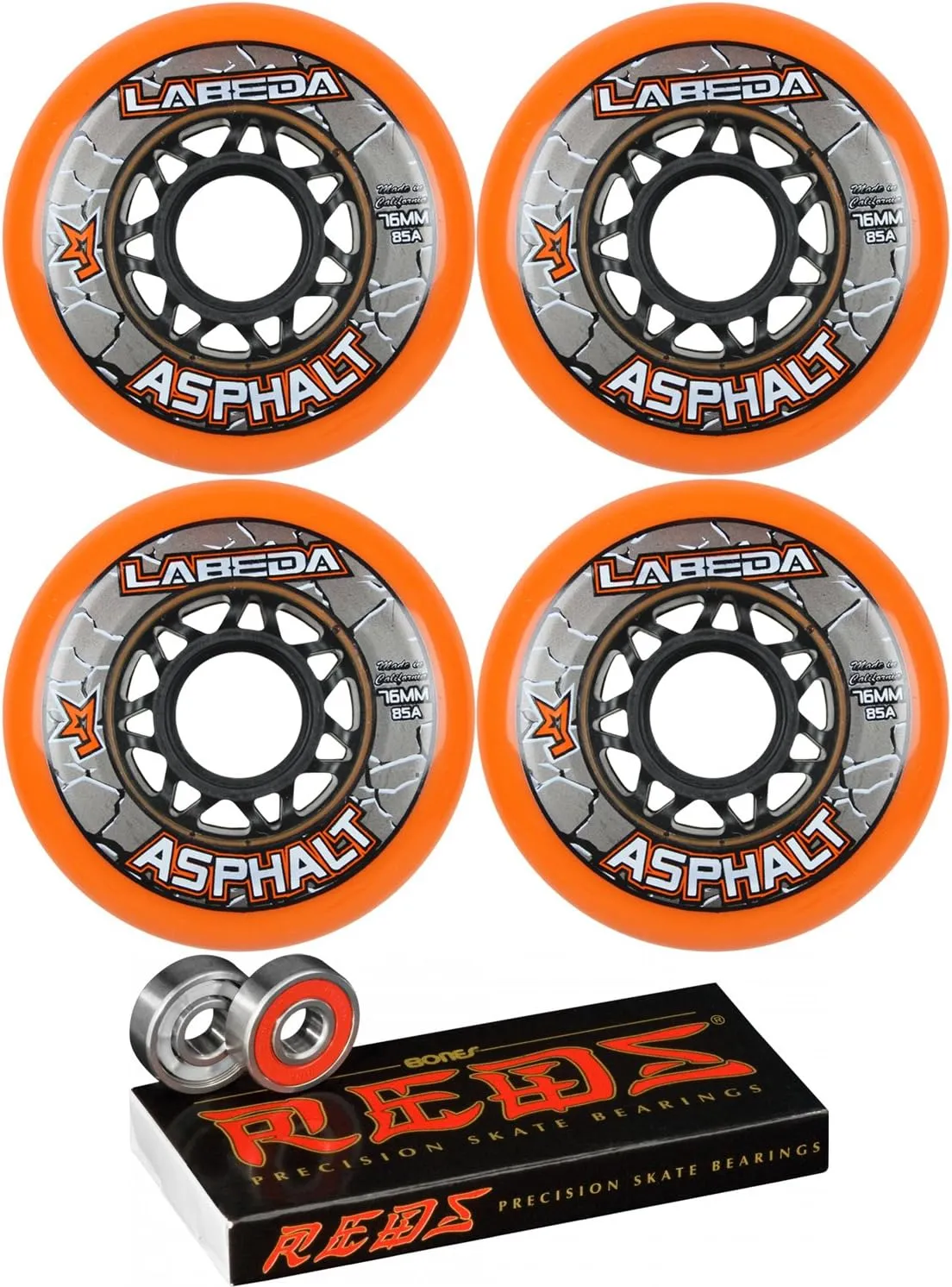 Labeda Asphalt Inline Roller Hockey Wheels 76mm Orange 85A 4-Pack Bones Reds