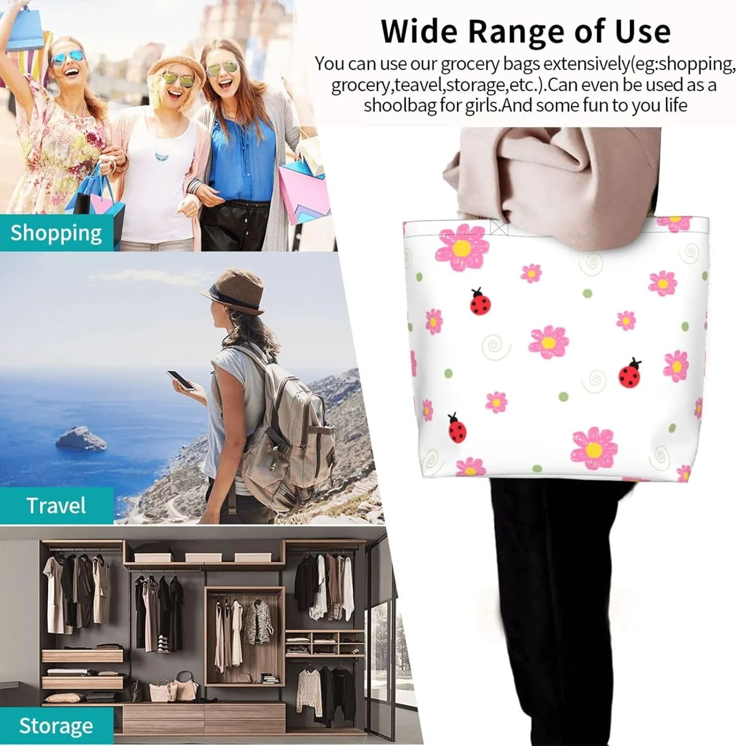 Ladybug Canvas Tote Bag Chicago Shoulder Bag Handbag Ladybird Casual Cute Grocery Bags Women Bag for Outdoor