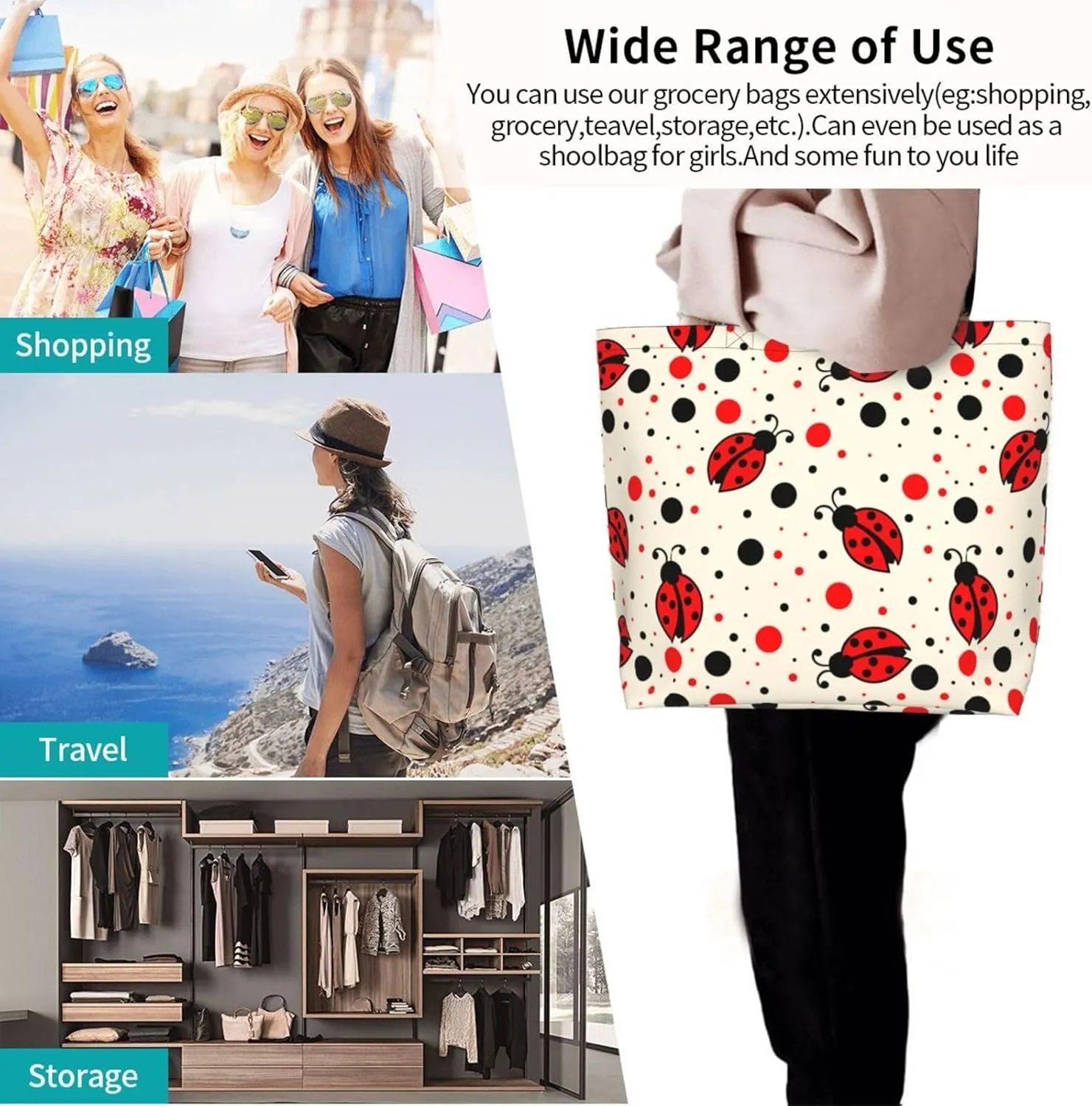 Ladybug Canvas Tote Bag Chicago Shoulder Bag Handbag Ladybird Casual Cute Grocery Bags Women Bag for Outdoor