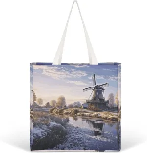 Landscape with A Traditional Windmill Tote Bags for Women Canvas Handbag Reusable Grocery Bags Shoulder Purses Shopping Bag