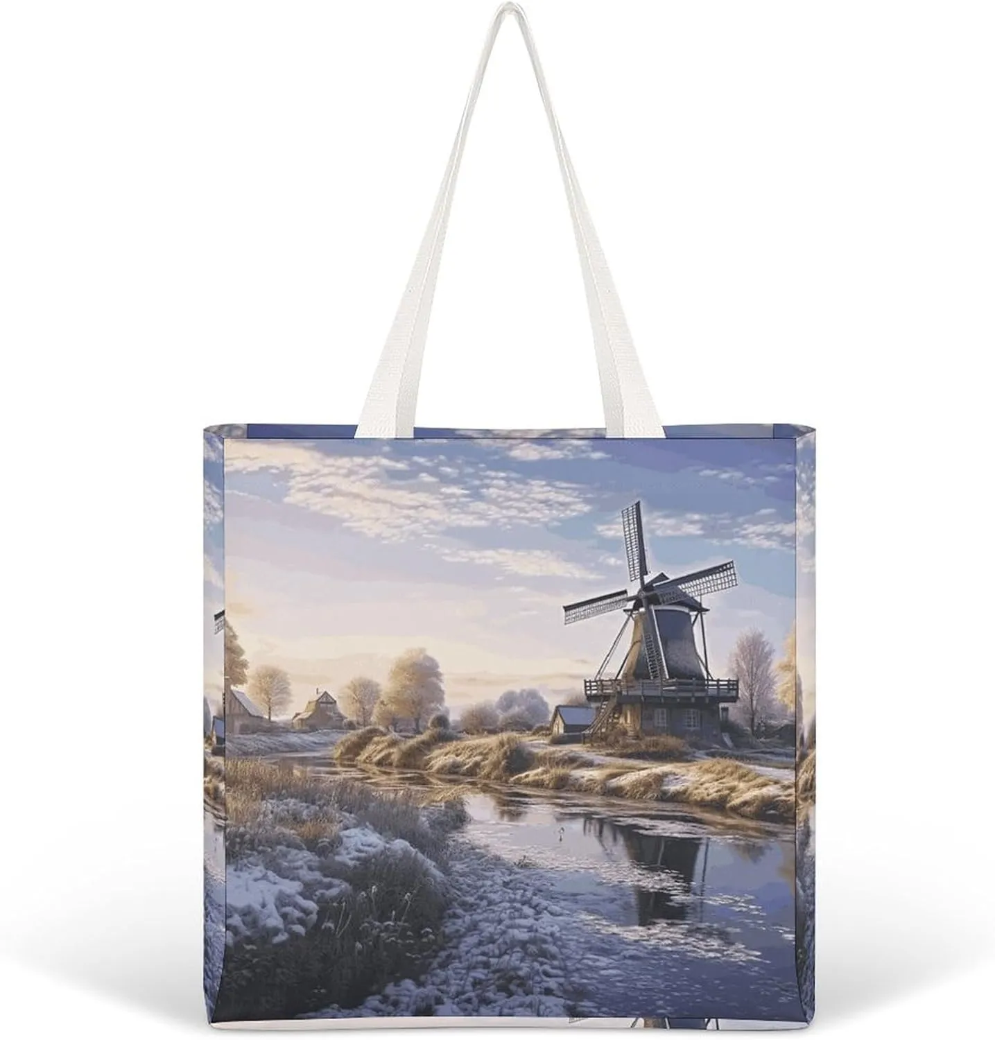 Landscape with A Traditional Windmill Tote Bags for Women Canvas Handbag Reusable Grocery Bags Shoulder Purses Shopping Bag