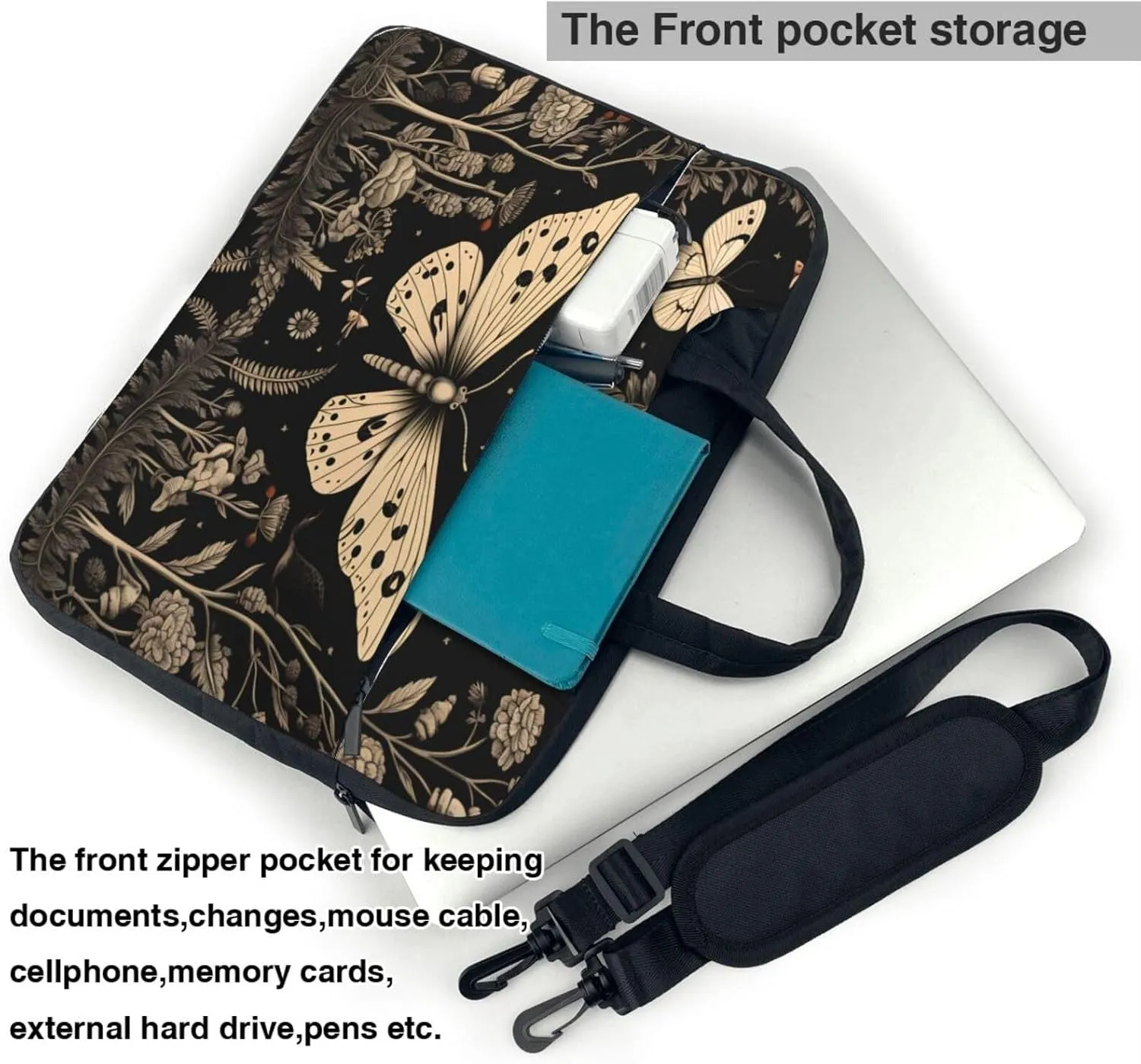 Laptop Bag Case Vintage Gothic Floral Moon Butterfly Computer Messenger Shoulder Bag Laptop Sleeve Briefcase