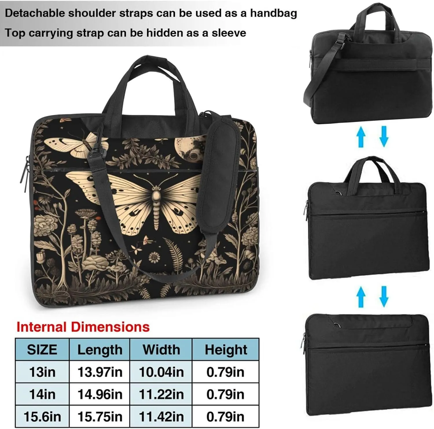 Laptop Bag Case Vintage Gothic Floral Moon Butterfly Computer Messenger Shoulder Bag Laptop Sleeve Briefcase