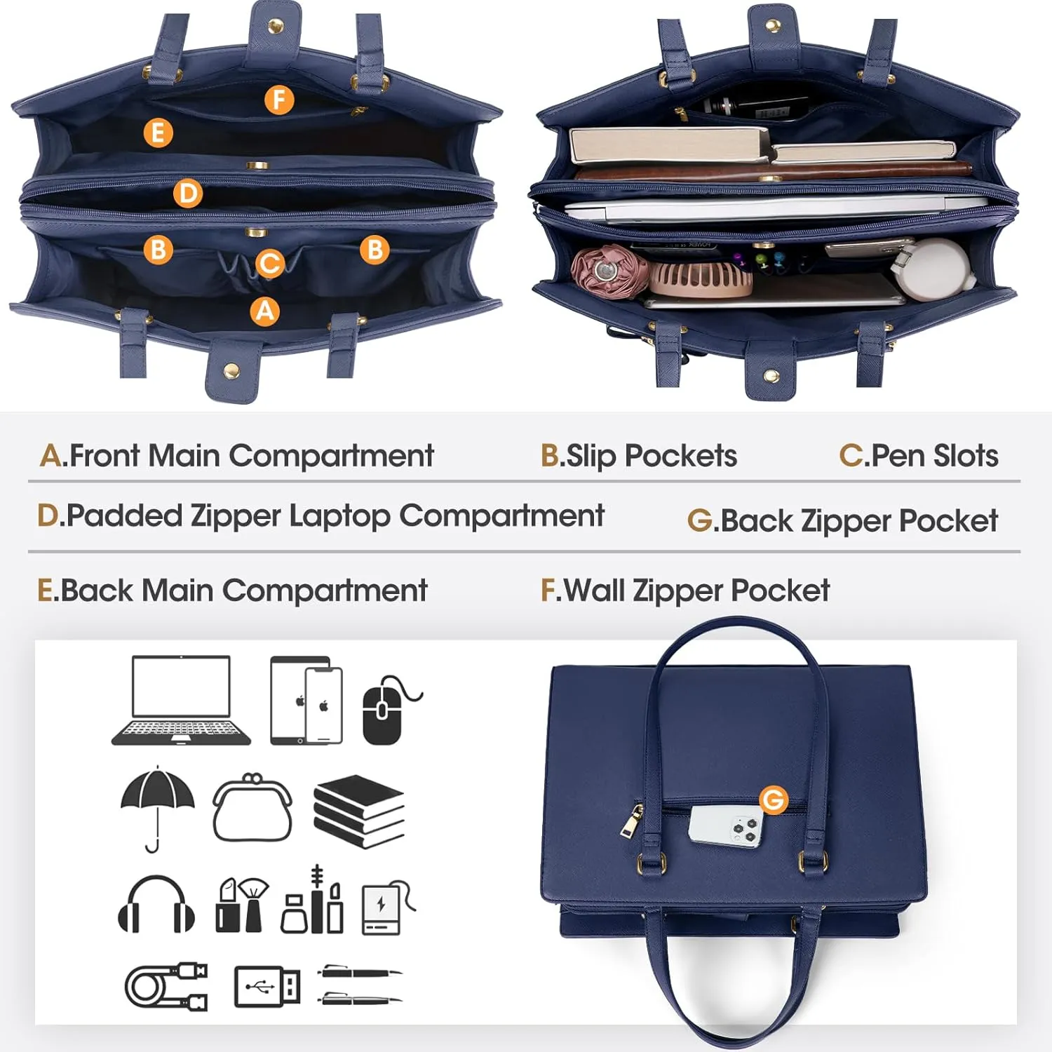 Laptop Bag for Women 15.6 inch Laptop Tote Bag Waterproof Leather Computer Bag Large Lightweight Briefcase Professional Business Office Work Bag Blue