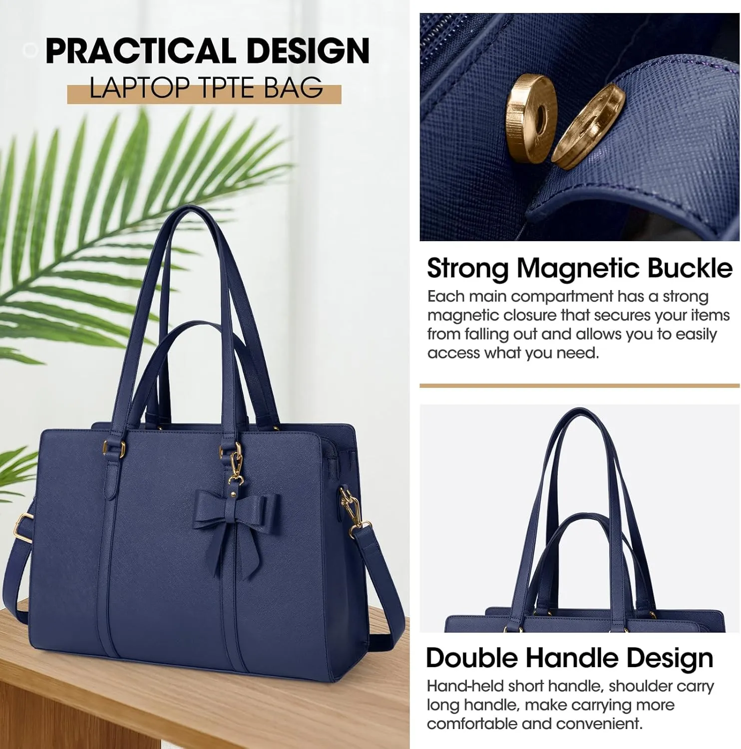Laptop Bag for Women 15.6 inch Laptop Tote Bag Waterproof Leather Computer Bag Large Lightweight Briefcase Professional Business Office Work Bag Blue