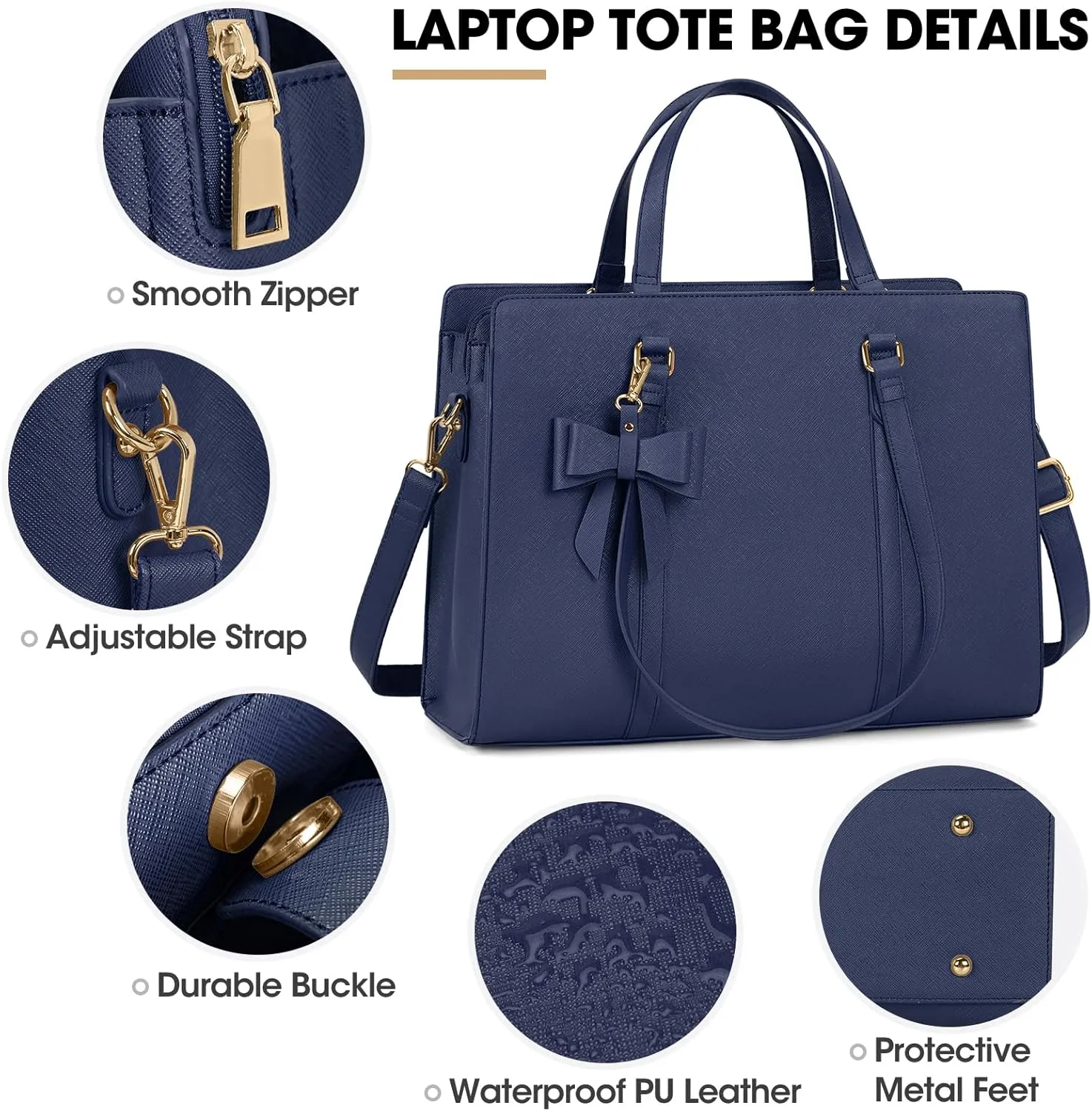 Laptop Bag for Women 15.6 inch Laptop Tote Bag Waterproof Leather Computer Bag Large Lightweight Briefcase Professional Business Office Work Bag Blue