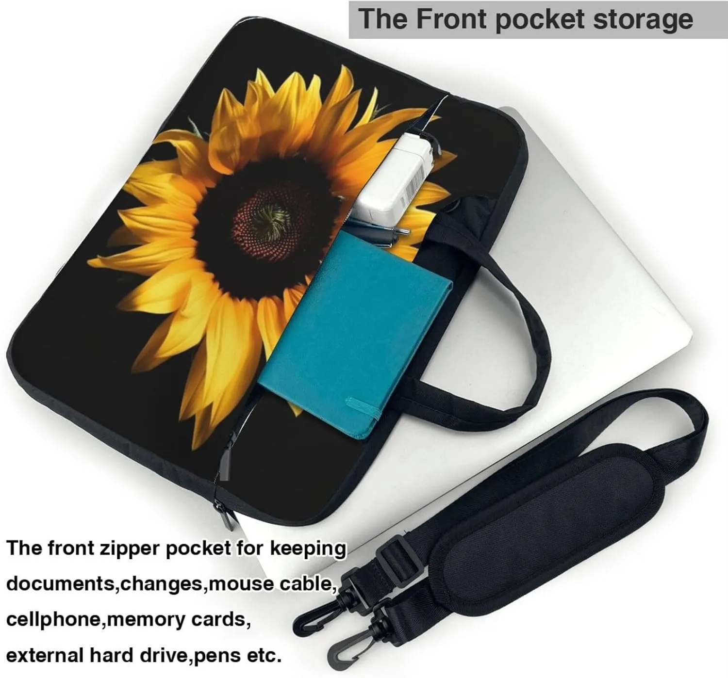 Laptop Bag for Women Men Computer Bag Laptop Briefcase Sunflower on Black Background Laptop Shoulder Bag Work Bag for Travel