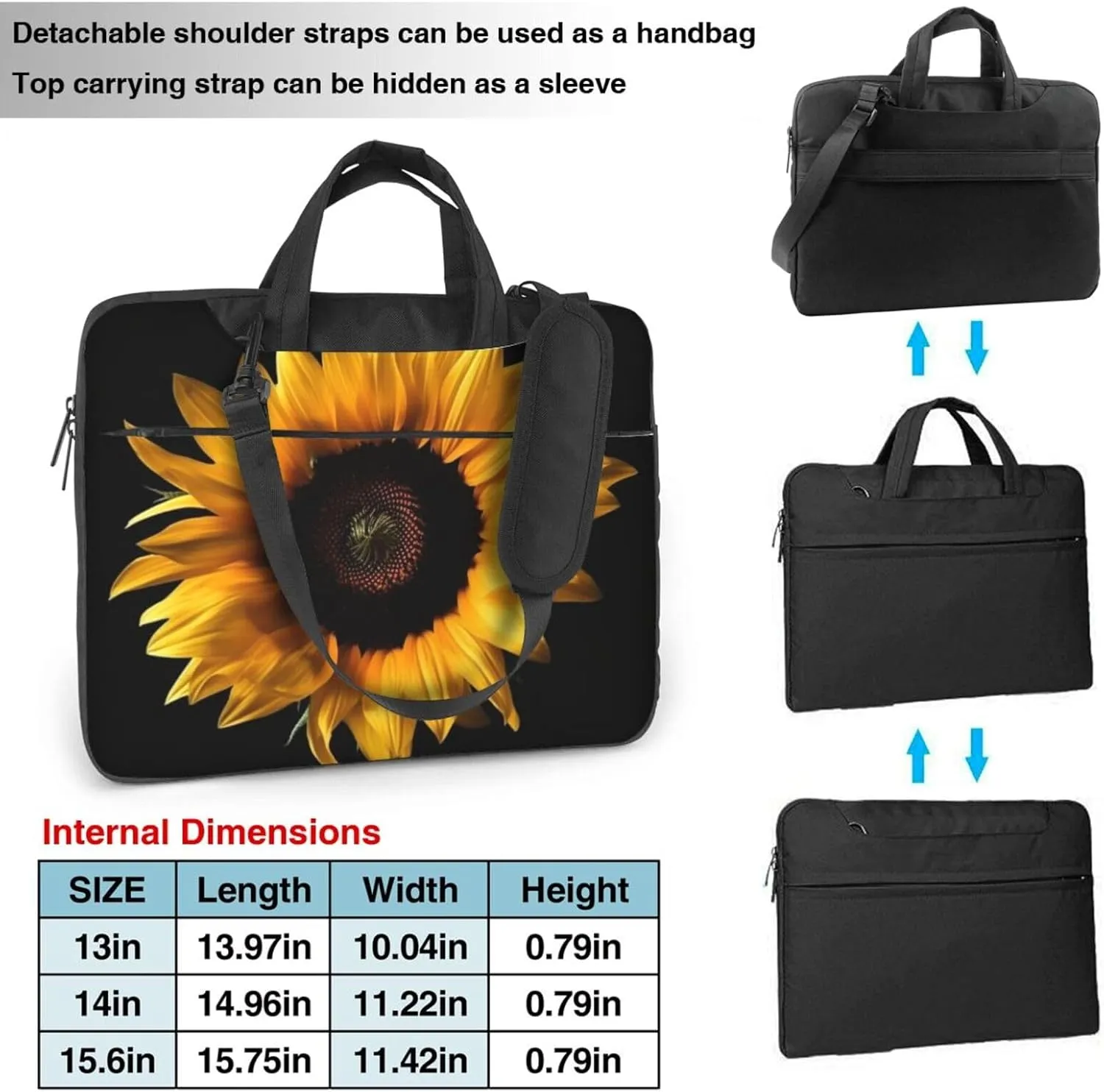 Laptop Bag for Women Men Computer Bag Laptop Briefcase Sunflower on Black Background Laptop Shoulder Bag Work Bag for Travel