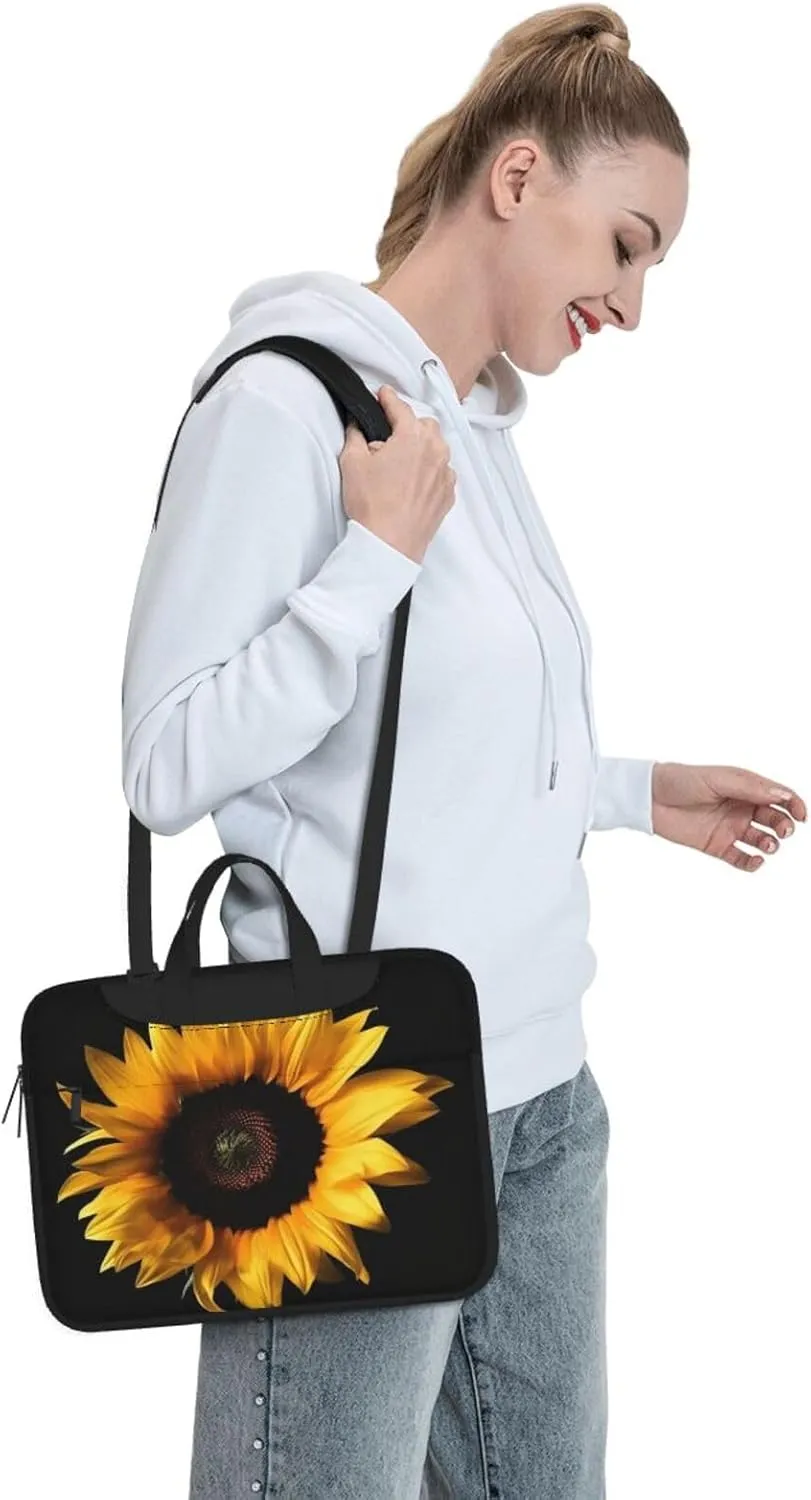 Laptop Bag for Women Men Computer Bag Laptop Briefcase Sunflower on Black Background Laptop Shoulder Bag Work Bag for Travel