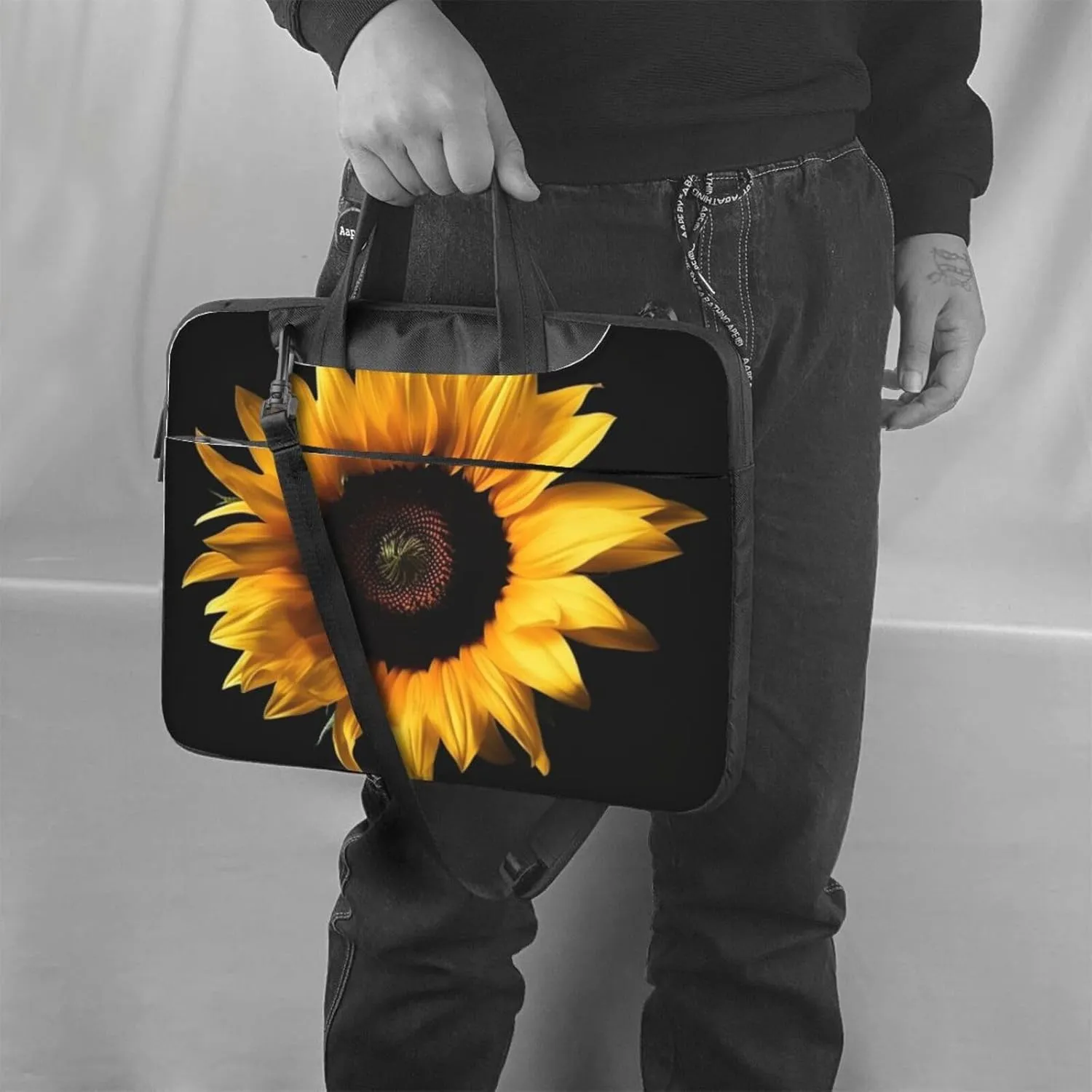Laptop Bag for Women Men Computer Bag Laptop Briefcase Sunflower on Black Background Laptop Shoulder Bag Work Bag for Travel