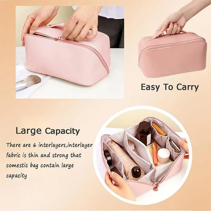 Large Capacity Travel Cosmetic Bag Organizer Makeup With Brushes Slots Dividers
