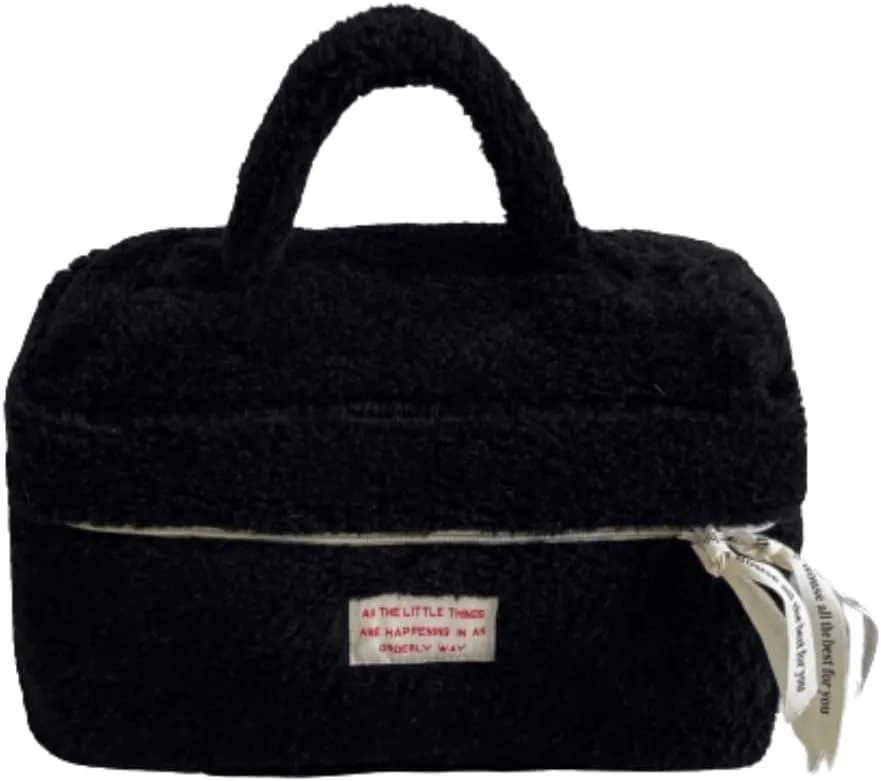 Large Cosmetic Bag Cute Makeup Bag Y2k Aesthetic Make Up Bag Fleece Cosmetic Bag for Purse (Large,Brown)