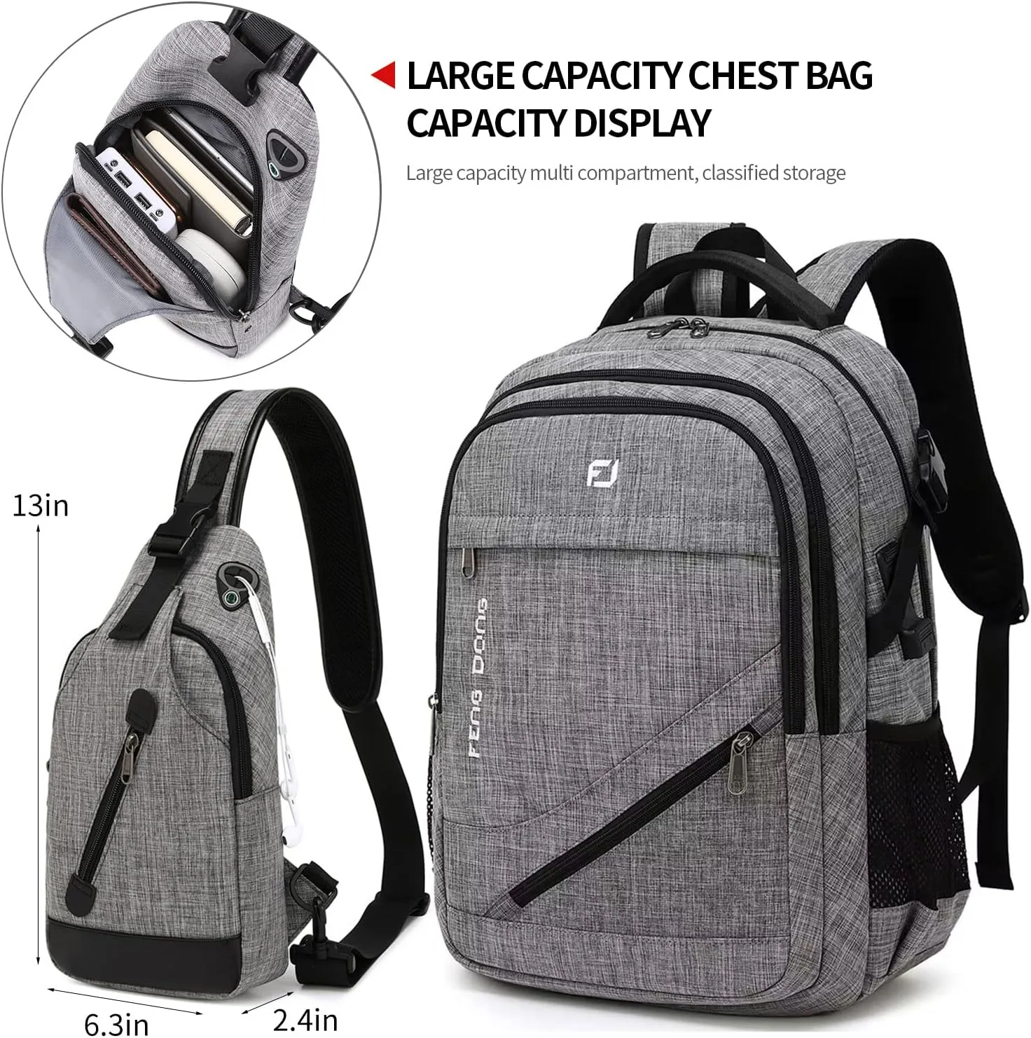 Large Laptop Backpack 17.3 inch Waterproof Travel College Backpack Bookbag,Crossbody Sling Bags for Men & Women Business Backpack Dark Gray