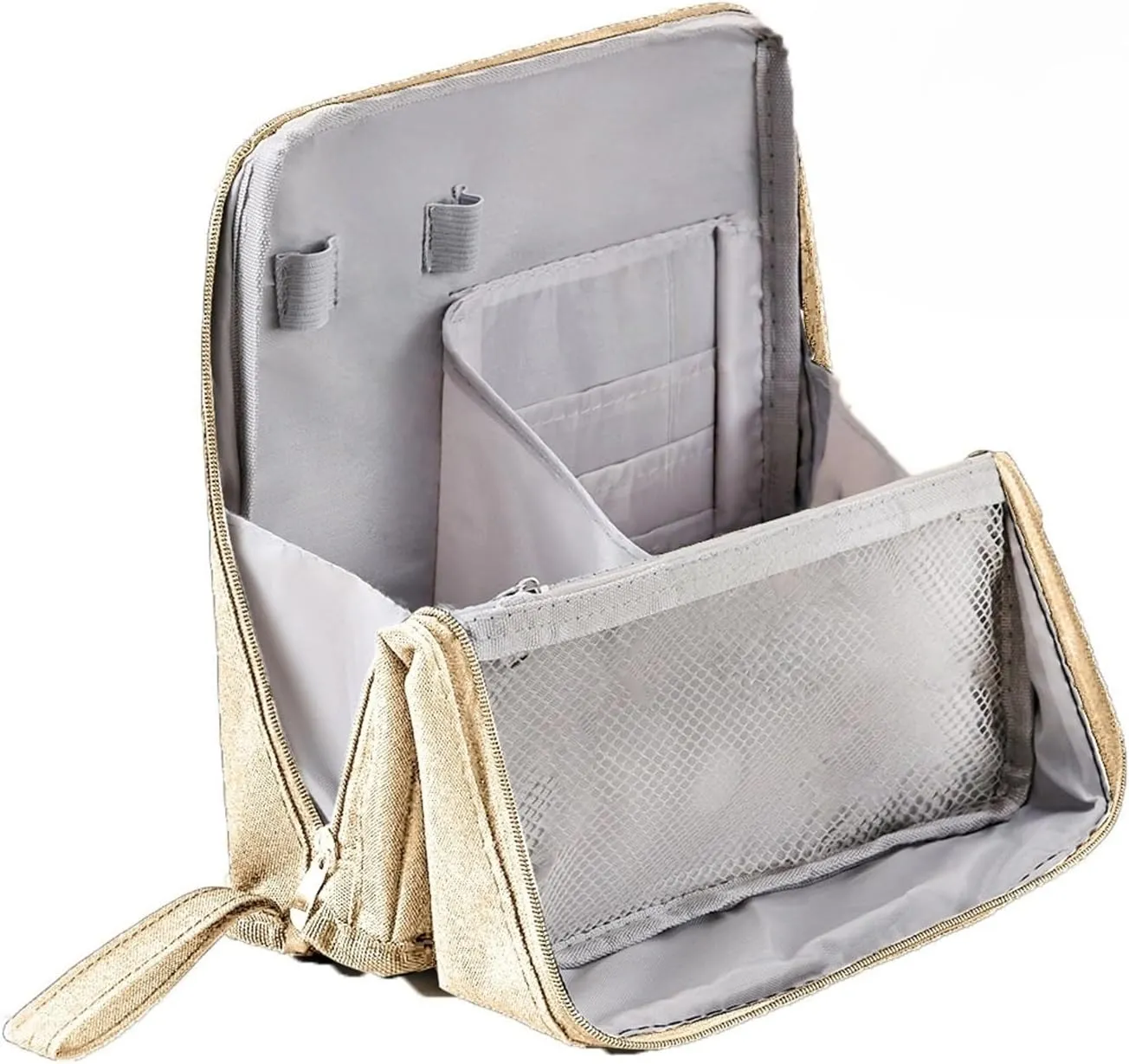Large Opening Standing Makeup Bag - Waterproof Oxford Fabric, Portable & Extra Capacity, Multi-Layer Organizer for Travel, Home & Daily Use - Cosmetic Storage Case with Dividers (Beige)