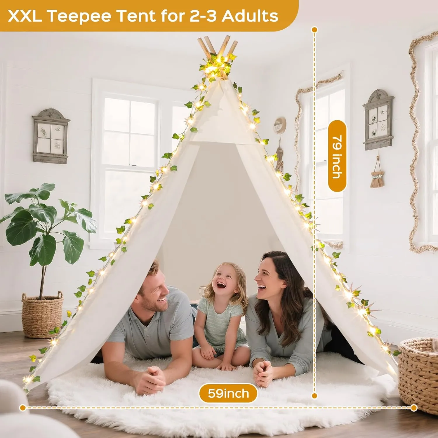 Large Teepee Tent 79''H for Adults & Kids, Update Waterproof Cotton Playhouse with LED Vine Lights, Heavy-Duty Eucalyptus Wood Poles, Ideal for Beach, Garden, Party & Backyard Decor