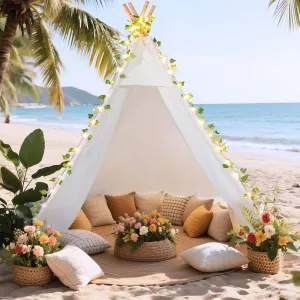 Large Teepee Tent 79''H for Adults & Kids, Update Waterproof Cotton Playhouse with LED Vine Lights, Heavy-Duty Eucalyptus Wood Poles, Ideal for Beach, Garden, Party & Backyard Decor