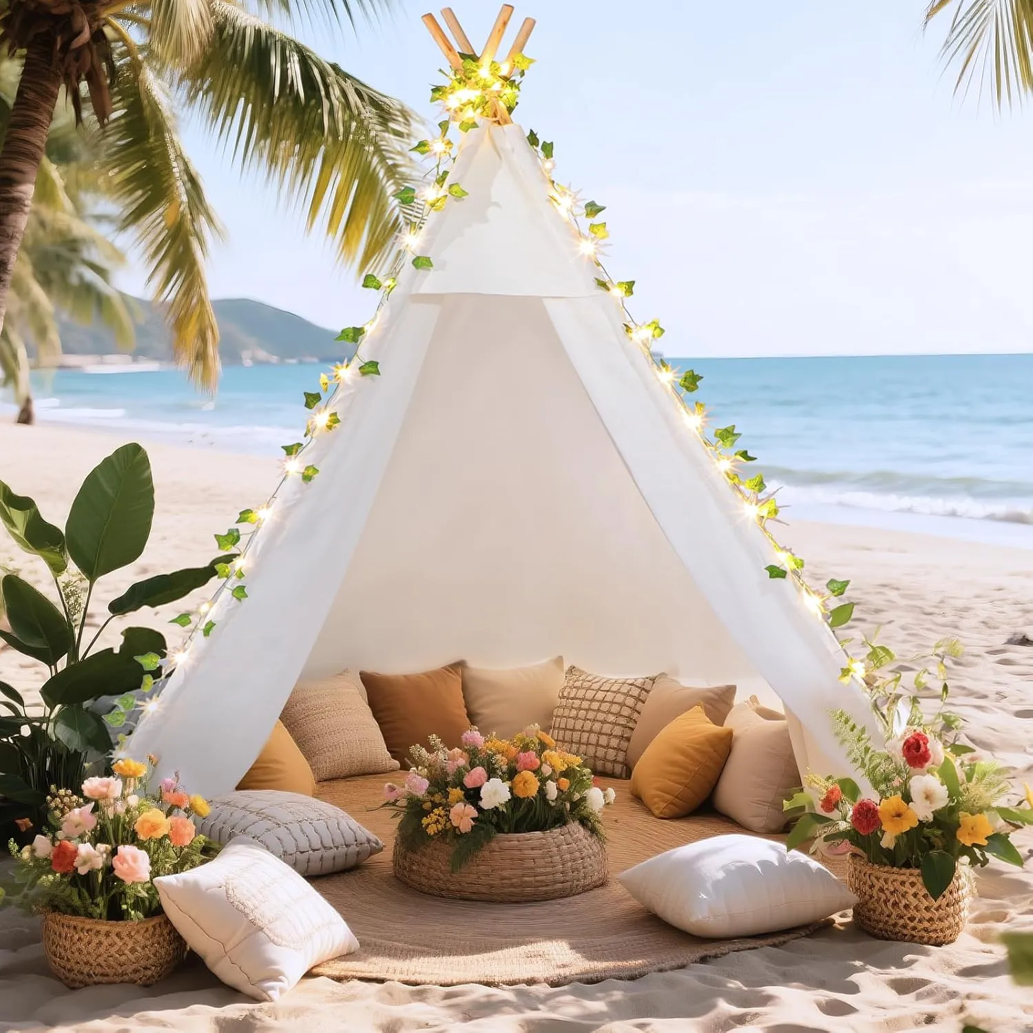 Large Teepee Tent 79''H for Adults & Kids, Update Waterproof Cotton Playhouse with LED Vine Lights, Heavy-Duty Eucalyptus Wood Poles, Ideal for Beach, Garden, Party & Backyard Decor