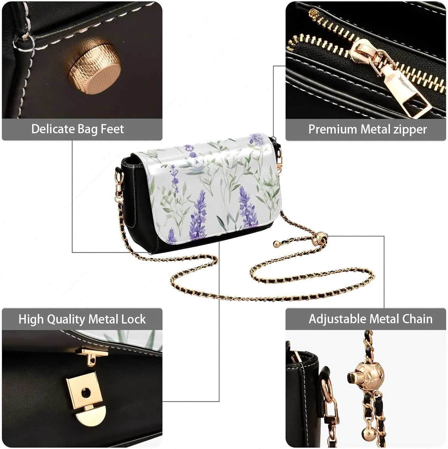 Lavender Flowers on White Leather Crossbody Bags for Women, Leather Crossbody Shoulder Bag, Leather Women Crossbody Bag