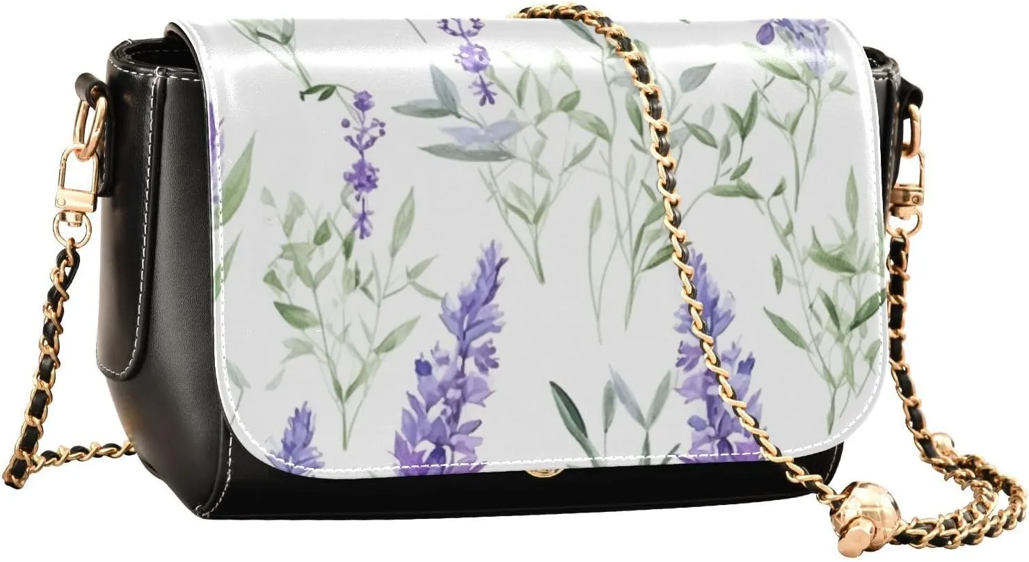 Lavender Flowers on White Leather Crossbody Bags for Women, Leather Crossbody Shoulder Bag, Leather Women Crossbody Bag