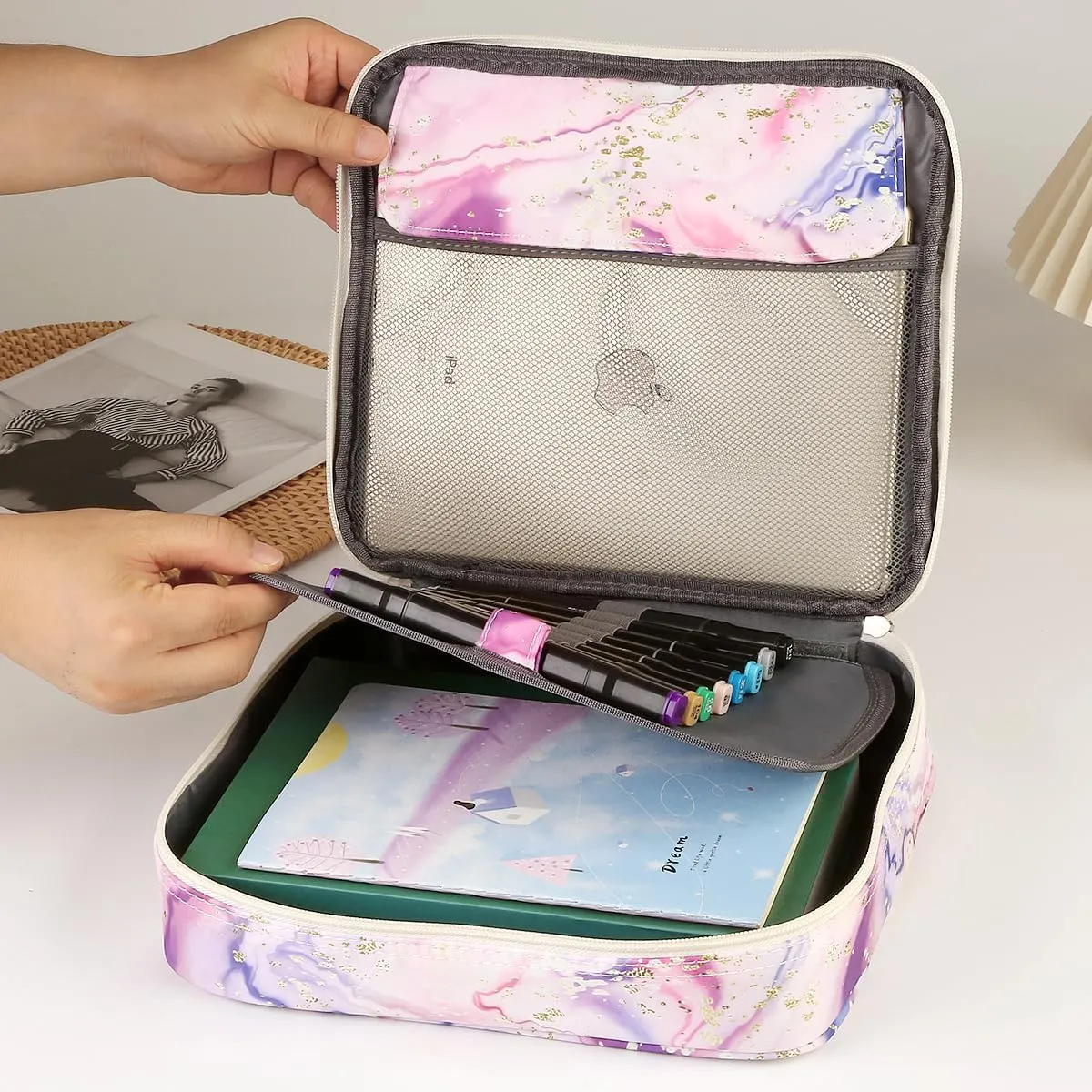 Lbxgap Multi-Functional Zipper Pencil ipad case with Handle and Zippered Pocket, Carrying Protective Bag with Bookmark and Book Fixing Straps for Travel Office