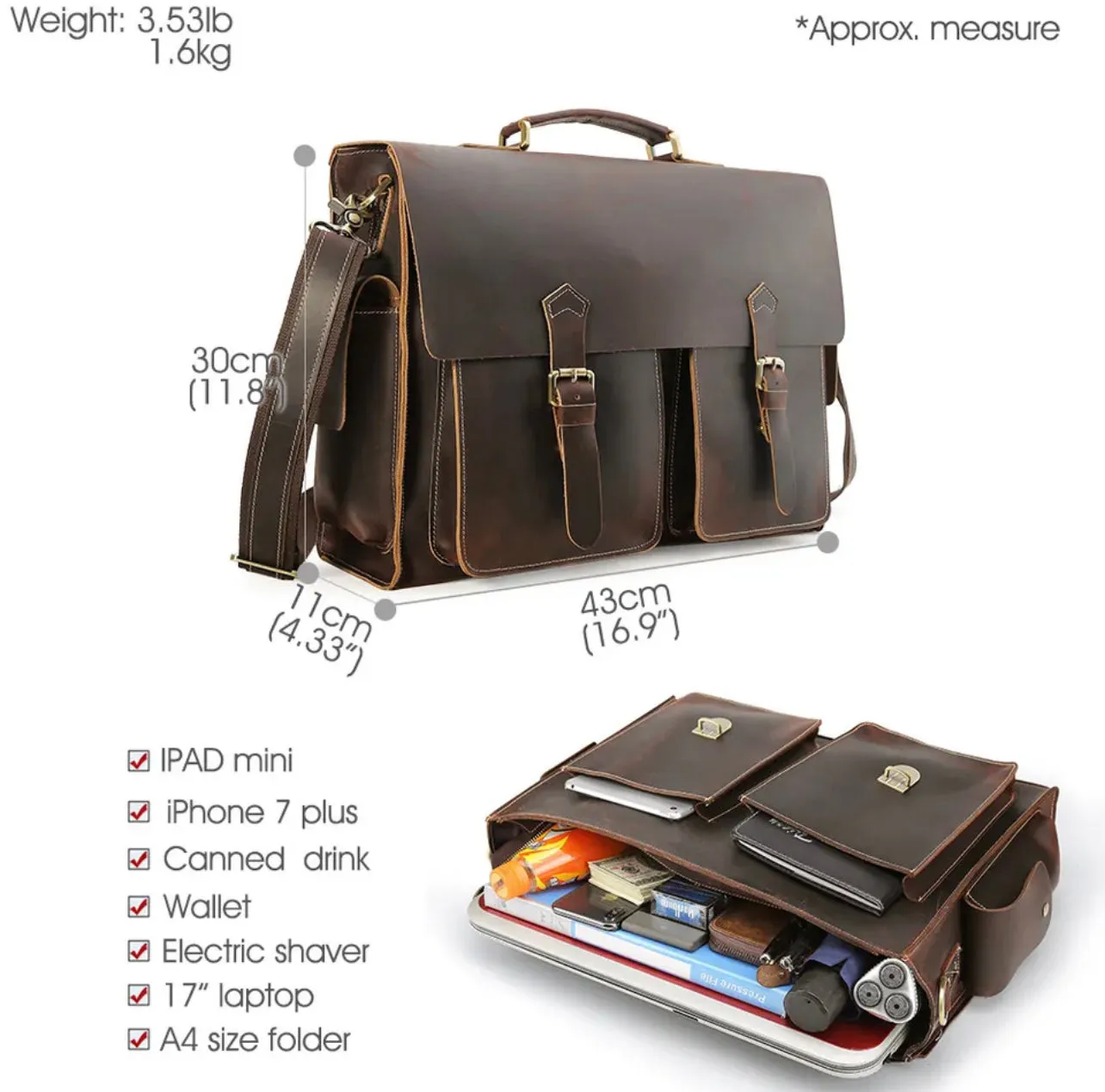 Leather Briefcase Shoulder Bag Handbag 17” Laptop bag Messangers Crossbody