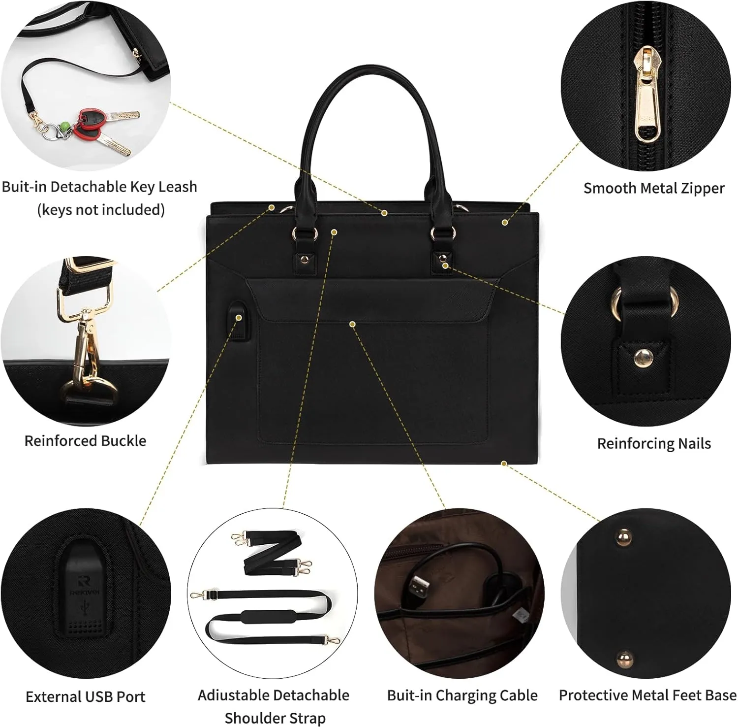 Leather Laptop Bag for Women - 17 Inch Briefcase with USB Port, Large Capacity Computer Tote, Business & Office Bag