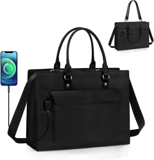 Leather Laptop Bag for Women - 17 Inch Briefcase with USB Port, Large Capacity Computer Tote, Business & Office Bag