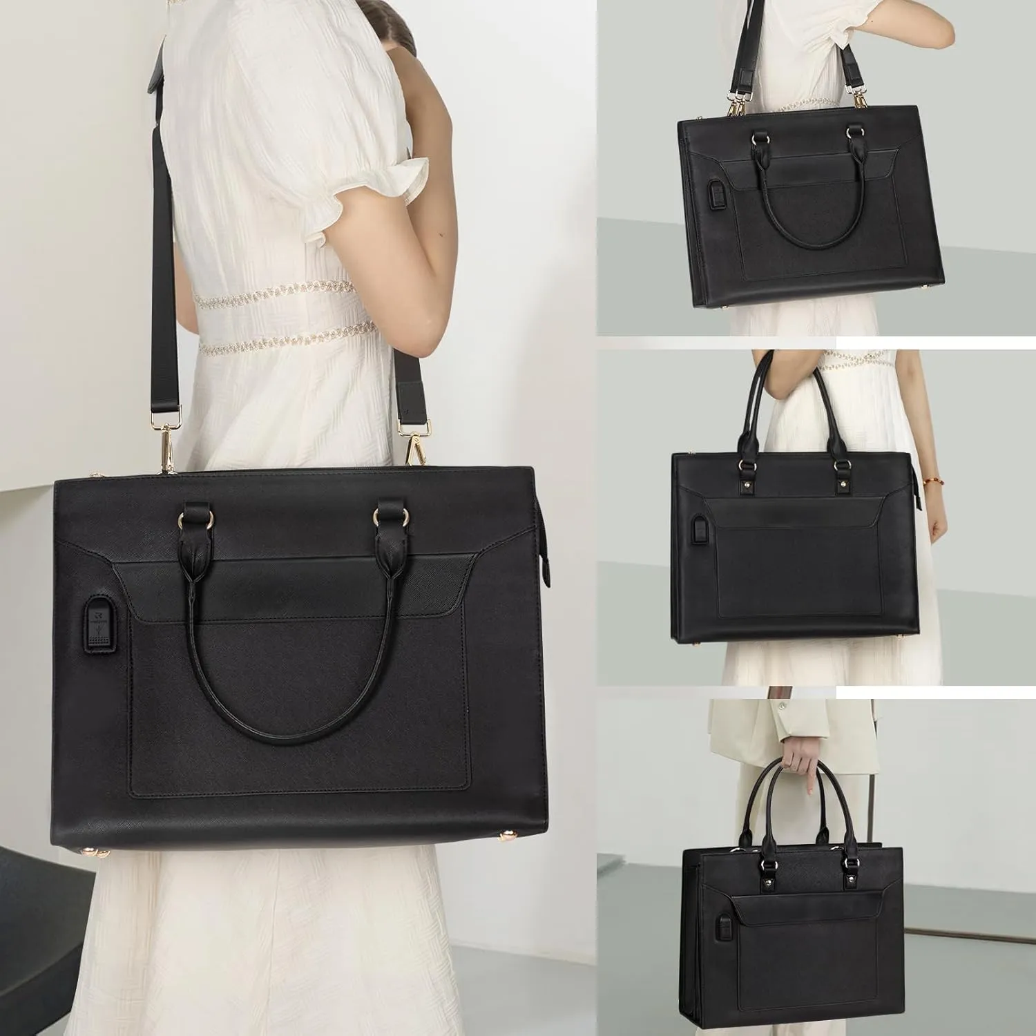 Leather Laptop Bag for Women - 17 Inch Briefcase with USB Port, Large Capacity Computer Tote, Business & Office Bag