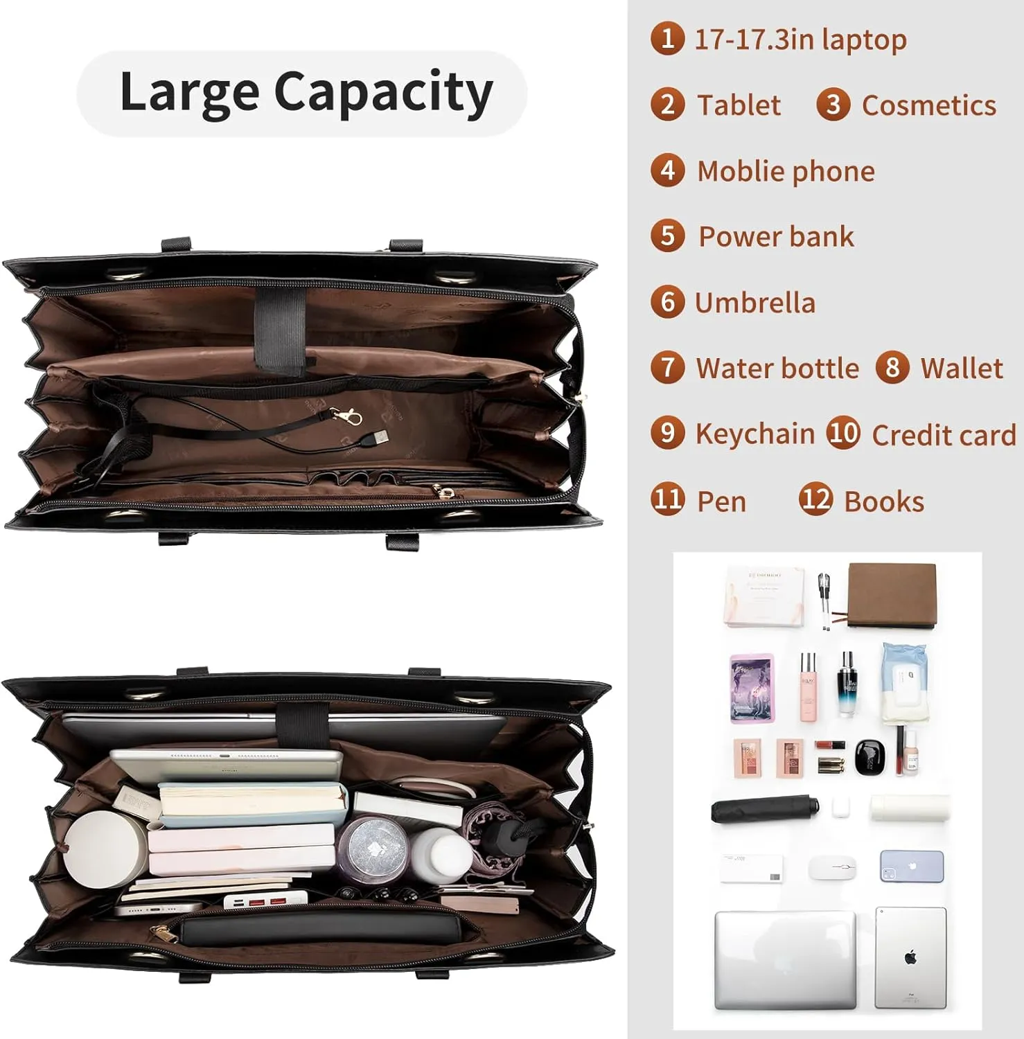 Leather Laptop Bag for Women - 17 Inch Briefcase with USB Port, Large Capacity Computer Tote, Business & Office Bag