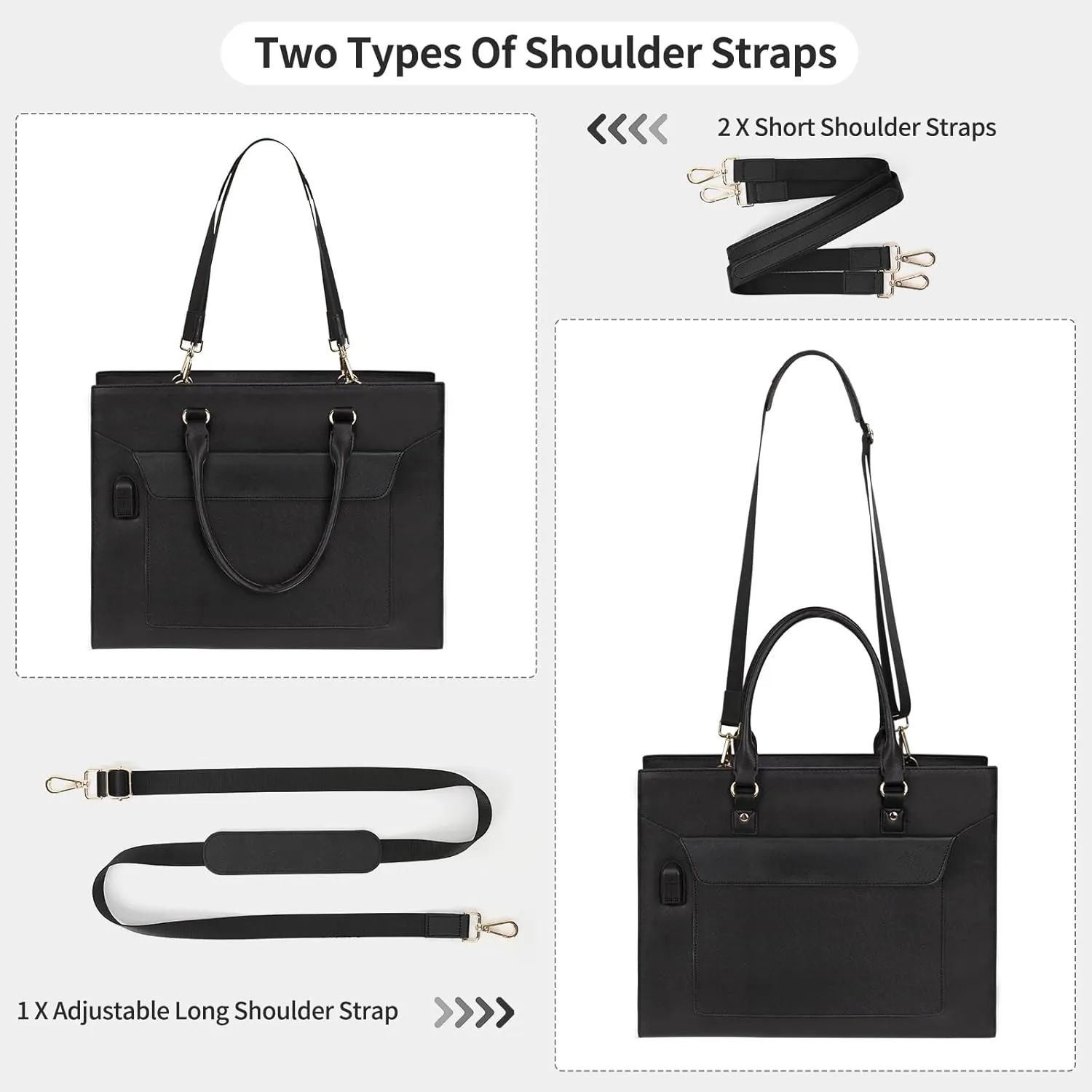 Leather Laptop Bag for Women - 17 Inch Briefcase with USB Port, Large Capacity Computer Tote, Business & Office Bag