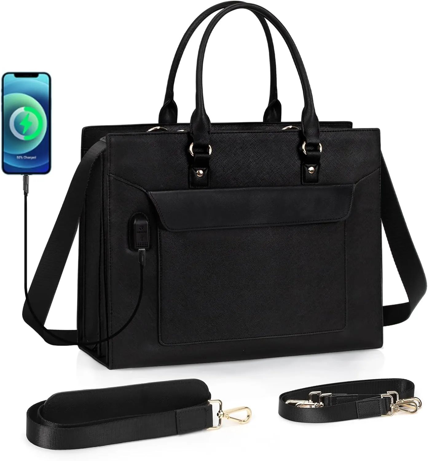 Leather Laptop Bag for Women - 17 Inch Briefcase with USB Port, Large Capacity Computer Tote, Business & Office Bag
