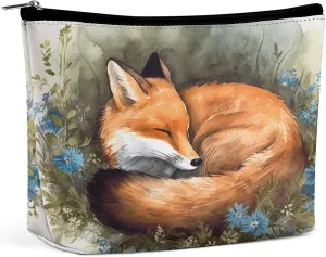Leather Makeup Bag Waterproof Cosmetic Bag for Women A Sleeping Fox Open Flat Toiletry Bags Portable Pouch With Zipper Make Up Organizer Case for Travel Accessories